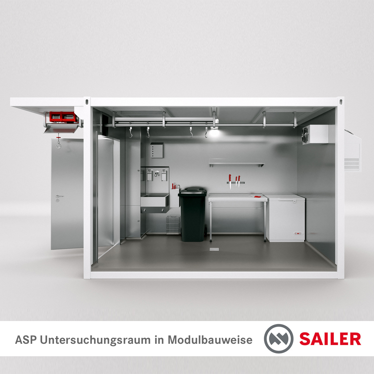 Untersuchungsmodul für den Seuchenfall (ASP) mit Vordach - Querschnitt (Wandinnenflächen Edelstahl-Panel)