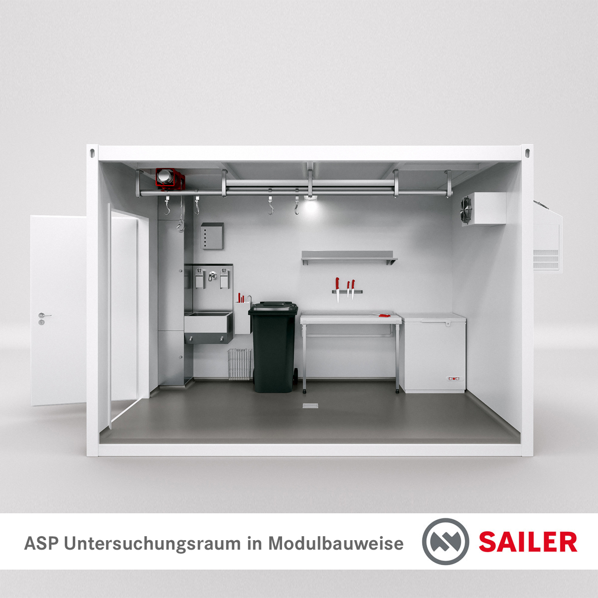 Untersuchungsmodul für den Seuchenfall (ASP) ohne Vordach - Querschnitt (Wandinnenflächen RAL-Panel)