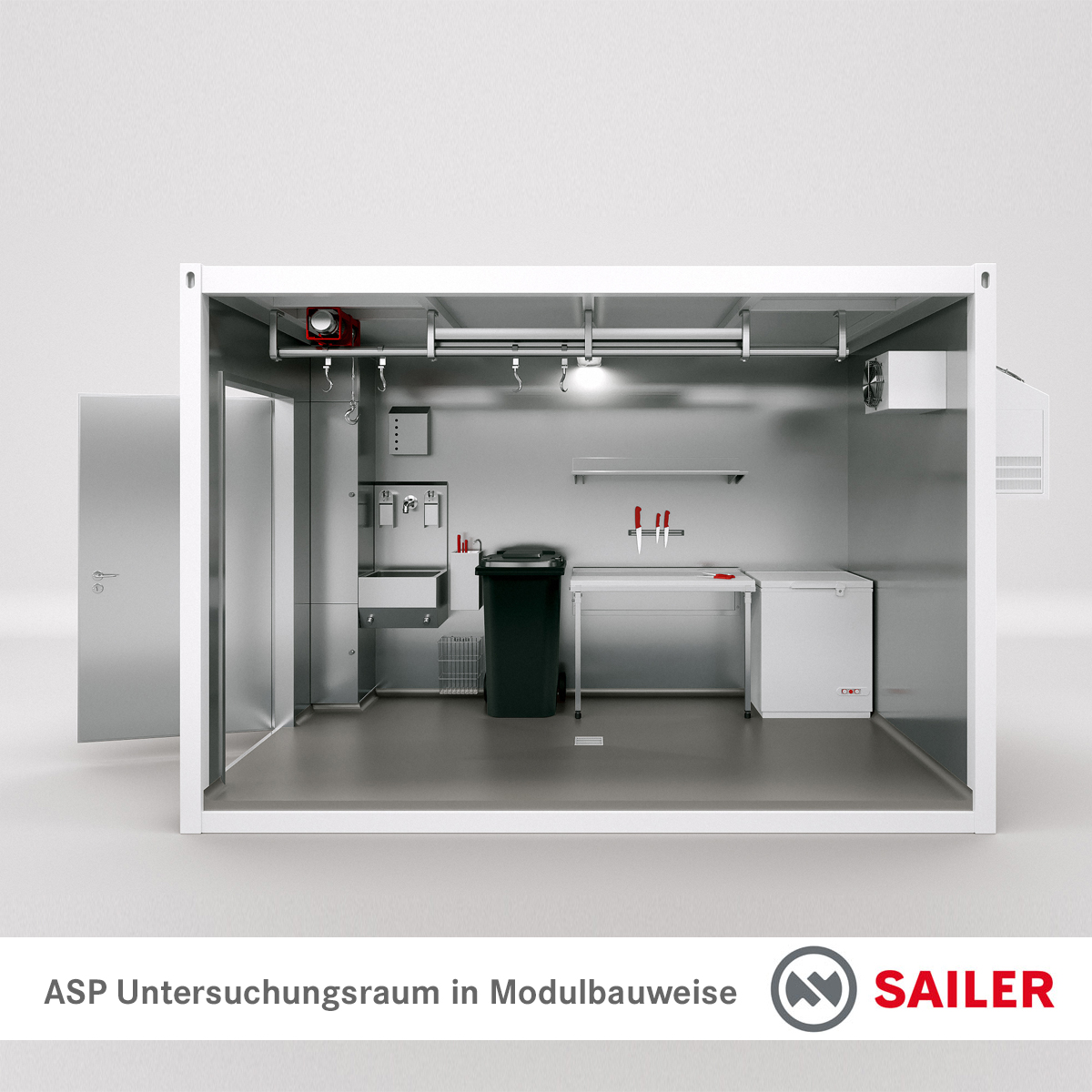 Untersuchungsmodul für den Seuchenfall (ASP) ohne Vordach - Querschnitt (Wandinnenflächen Edelstahl-Panel)