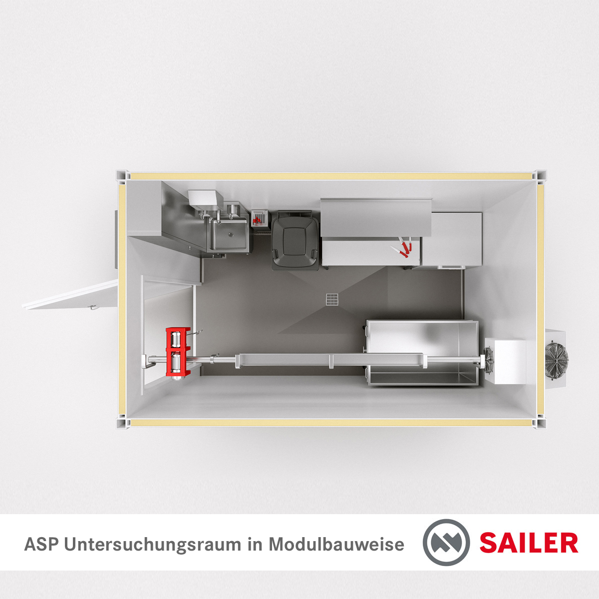 Untersuchungsmodul für den Seuchenfall (ASP) ohne Vordach - Draufsicht (Wandinnenflächen RAL-Panel)