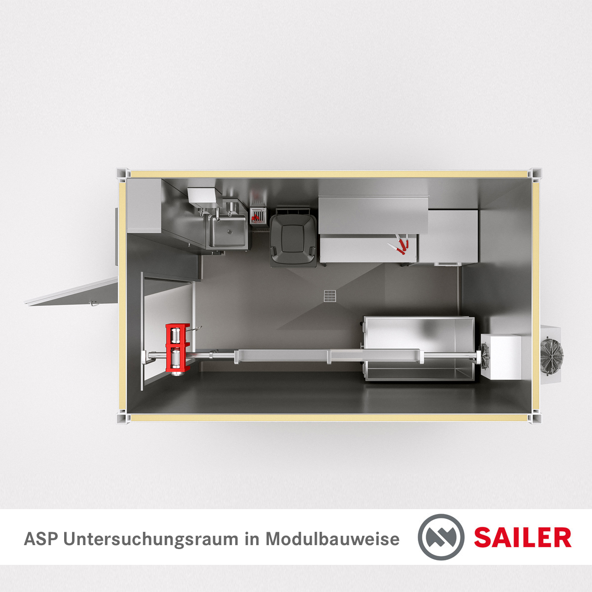 Untersuchungsmodul für den Seuchenfall (ASP) ohne Vordach - Draufsicht (Wandinnenflächen Edelstahl-Panel)